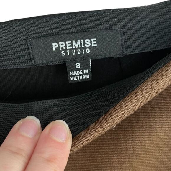 PREMISE | Asymmetrical Brown/Black Faux Wrap Mini Skirt (8) - Picture 2 of 4